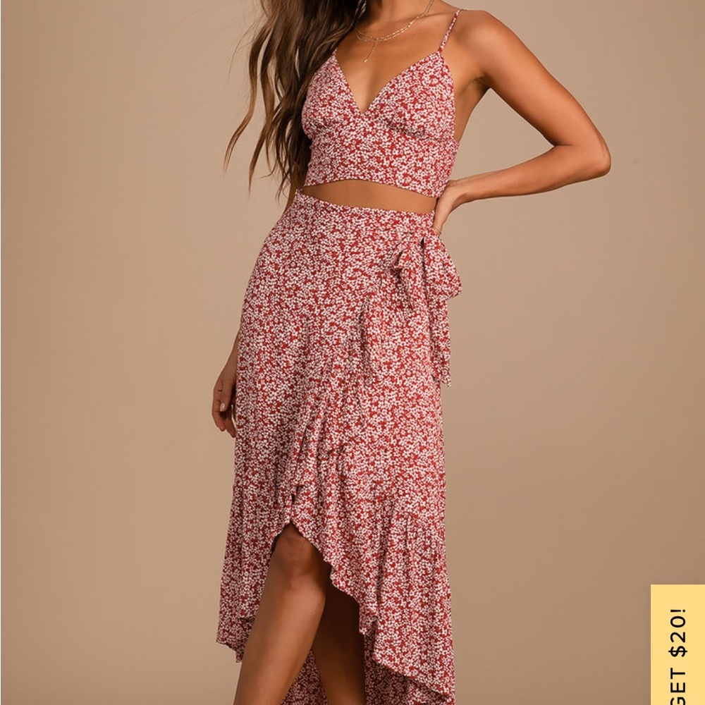 Lulus Summer Romance Rust Brown Floral Print Two-Piece Midi Dress